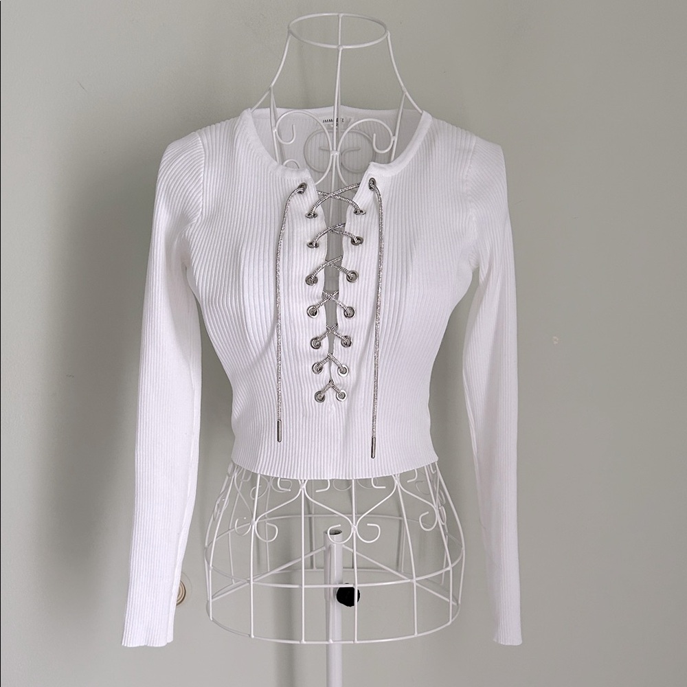 Lace-Up Ribbed Long Sleeve Crop Top - White